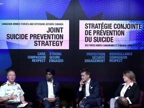 Chief of the Defence Staff Jonathan Vance speaks during a press conference on the Joint Suicide Prevention Strategy, as Minister of National Defence Harjit S. Sajjan, Minister of Veterans Affairs Seamus O'Regan and Parliamentary Secretary to the Minister of Veterans Affairs and Associate Minister of National Defence Sherry Romanado look on, in Ottawa on Thursday, Oct. 5, 2017. THE CANADIAN PRESS/Justin Tang