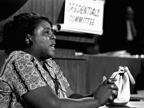 FILE-In this Aug. 22, 1964 photograph, Fannie Lou Hamer, a leader of the Freedom Democratic party, speaks before the credentials committee of the Democratic national convention in Atlantic City, in efforts to win accreditation for the largely African American group as Mississippi's delegation to the convention, instead of the all-white state delegation. Friday, Oct. 6, 2017 marks the 100th anniversary of her birth and a celebration is planned in her hometown of Ruleville, Miss., honoring her. (AP Photo/File)