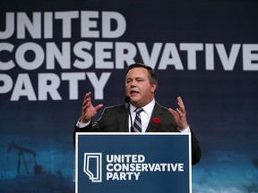 Jason Kenney speaks to party members after being elected leader of the United Conservative Party.