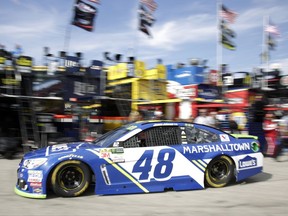 Jimmie Johnson drives back to the garage during practice for the NASCAR Monster Cup auto race at Kansas Speedway in Kansas City, Kan., Friday, Oct 20, 2017. (AP Photo/Colin E. Braley)