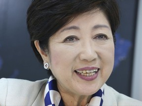 Tokyo Governor and Party of Hope leader Yuriko Koike speaks during an interview with The Associated Press at her party's office in Tokyo, Friday, Oct. 6, 2017. Just days before Japan's national election campaign kicks off, all eyes are on Koike, Tokyo's governor. (AP Photo/Koji Sasahara)