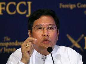 Myanmar's Ambassador to Japan Thurain Thant Zin speaks during a press conference at the Foreign Correspondents' Club of Japan in Tokyo, Thursday, Oct. 12, 2017.  Myanmar's ambassador to Japan says there is no ethnic cleansing or genocide of Rohingya Muslims in his country despite violence that has led a half million of them to flee the country. (AP Photo/Koji Ueda)