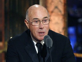 FILE - This March 15, 2010 file photo shows music and movie mogul David Geffen speaking during the Rock and Roll Hall of Fame induction ceremony in New York. Geffen is donating $150 million for construction of a new building of galleries at the Los Angeles County Museum of Art. The museum along Wilshire Boulevard west of downtown Los Angeles said Wednesday, Oct. 4, 2017 that it's the largest single cash gift from an individual in the institution's history. (AP Photo/Jason DeCrow, file)