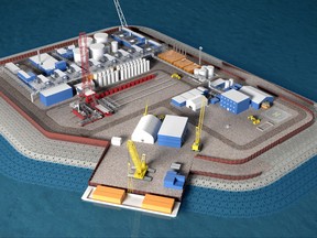 This undated illustration provided by Hilcorp Alaska Inc. shows a model of an artificial gravel island of the Liberty Project, a proposal to drill in Arctic waters from the artificial island. Alaska Natural Resources Commissioner Andy Mack says oil production on gravel islands in state waters show that the Liberty Project can be done safely. Opponents say spills are inevitable and Arctic offshore oil should stay in the ground. (Hilcorp Alaska Inc. via AP)
