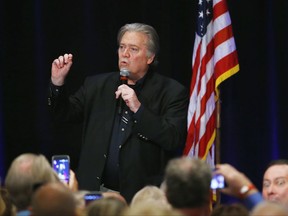 FILE - In this Oct. 17, 2017 file photo Steve Bannon, former strategist for President Donald Trump, speaks at a campaign rally for Arizona Senate candidate Kelli Ward in Scottsdale, Ariz. Bannon wants to oust Republican senators that he sees as disloyal to President Donald Trump. But when he comes to Southern California Friday, Oct. 20 he'll be in a state Trump lost by over 4 million votes and where Republicans have become largely irrelevant in state politics. (AP Photo/Ross D. Franklin,File)