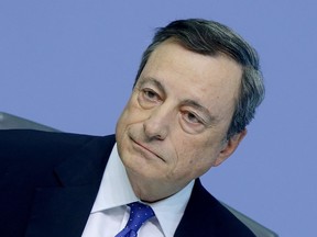 FILE - In this April 27, 2017 file photo, President of the European Central Bank Mario Draghi attends a news conference in Frankfurt, Germany. Draghi said in a speech Wednesday, Oct. 18, 2017, that a perception that growth isn't benefiting everyone has "fuelled the belief that some have been 'left behind' by the spread of market forces." (AP Photo/Michael Probst, file)