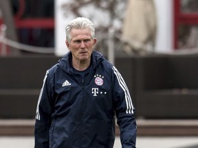 Bayern Munich's new coach Jupp Heynckes arrives for the first training after his presentation in Munich, Germany, Monday, Oct. 9, 2017. Heynckes coached the Bundesliga team already from 1987 to 1991, 2009 and from 2011 to 2013. (Sven Hoppe/dpa via AP)