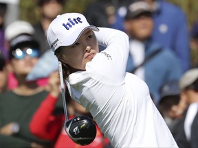 Jin Young Ko of South Korea watches her shot on the seventh hole during the final round of the LPGA KEB HanaBank Championship at Sky72 Golf Club in Incheon, South Korea, Sunday, Oct. 15, 2017. (AP Photo/Lee Jin-man)