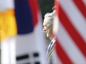 U.S. Defense Secretary Jim Mattis  inspects a guard of honor during a welcome honor guard ceremony at Defense Ministry in Seoul, South Korea, Saturday, Oct. 28, 2017. (AP Photo/Lee Jin-man)