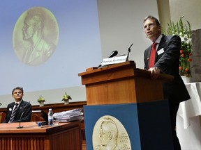 Thomas Perlmann, Chariman of the Nobel Committee of Medicine, announces the winners of the 2017 Nobel Prize for Medicine during a press conference at the Nobel Forum in Stockholm, Monday Oct. 2, 2017. The Nobel Prize for Medicine has been awarded to three Americans for discoveries about the body's daily rhythms. The laureates are Jeffrey Hall, Michael Rosbash and Michal Young. (Jonas Ekstromer/TT via AP)