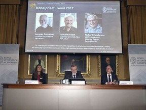 From left, Sara Snogerup Linse, chairman of the Nobel Committee in Chemistry, Goran K. Hansson, secretary of the Royal Academy of Sciences, and Peter Brzezinski, member of the Nobel Committee, sit during a press conference as they announce -  Jacques Dubochet - from the University of Lausanne, Switzerland, Joachim Frank from Columbia University, USA and Richard Henderson, from the MRC Laboratory of Molecular Biology, Cambridge, in England as the winners of the 2017 Nobel Prize in Chemistry, at the Royal Academy of Sciences in Stockholm, Wednesday, Oct. 4, 2017.  The Nobel Prize for Chemistry rewards researchers for major advances in studying the infinitesimal bits of material that are the building blocks of life. (Claudio Bresciani/TT News Agency via AP)