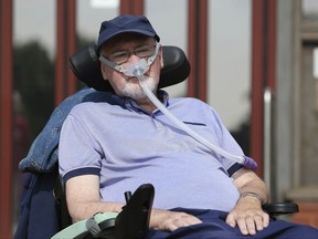 FILE - In this July 19, 2017 file photo, terminally-ill Noel Conway is photographed outside Telford County Court, in Telford, England, Thursday, Oct. 5, 2017. Britain's High Court has rejected a terminally ill man's request to be killed with medical help. In a ruling on Thursday, Oct. 5, 2017,  three judges turned down Noel Conway's request for assisted suicide. Conway had applied to the court in July, asking for a declaration that Britain's outlawing of suicide is incompatible with the European Convention on Human Rights. (Aaron Chown/PA via AP, File)