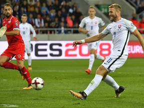 Slovakia's Adam Nemec, right, scores his side's opening goal during their WCup 2018 Group F qualifying soccer match between Slovakia and Malta in Trnava, Slovakia, Sunday, Oct. 8, 2017. (Michal Svitok/TASR via AP)