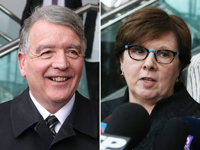 Gerry Lougheed and Pat Sorbara speak to reporters after being acquitted on charges in the Sudbury bribery scandal.