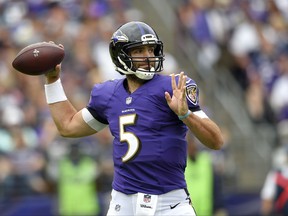 Baltimore Ravens quarterback Joe Flacco throws to a receiver in the first half of an NFL football game against the Chicago Bears, Sunday, Oct. 15, 2017, in Baltimore. (AP Photo/Nick Wass)