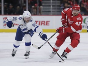 Tampa Bay Lightning center Steven Stamkos (91) tries to steal the puck from Detroit Red Wings left wing Darren Helm (43) during the second period of an NHL hockey game Monday, Oct. 16, 2017, in Detroit. The Lightning defeated the Red Wings 3-2. (AP Photo/Duane Burleson)