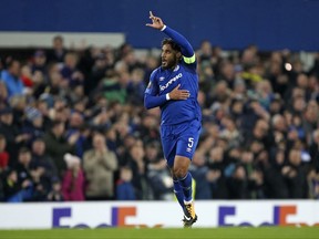 Everton's Ashley Williams celebrates after scoring during a Group E Europa League soccer match between Everton F.C. and Olympique Lyon at Goodison Park Stadium, Liverpool, England, Thursday Oct. 19, 2017. (AP Photo/Dave Thompson)