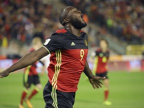 Belgium's Romelu Lukaku celebrates after scoring during the World Cup 2018 Group H qualifying soccer match between Belgium and Cyprus at the King Baudouin Stadium in Brussels, Belgium, Tuesday, Oct. 10, 2017. (AP Photo/Olivier Matthys)