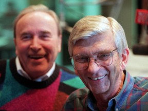 In this Jan. 7, 1998 photo, Roger Erickson, right, a longtime Minneapolis radio personality at WCCO Radio, poses with his partner Charlie Boone. Erickson's daughter, Tracy Anderson, said he died of natural causes at his home in Plymouth on Monday, Oct. 30, 2017. He was 89. (Jeff Wheeler/Star Tribune via AP)