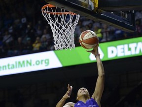Los Angeles Sparks forward Candace Parker (3) goes up for a layup against the Minnesota Lynx during the first half of Game 5 of the WNBA basketball finals, Wednesday, Oct. 4, 2017 in Minneapolis. (Aaron Lavinsky/Star Tribune via AP)