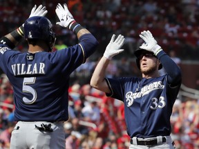 Milwaukee Brewers' Brett Phillips, right, is congratulated by teammate Jonathan Villar after hitting a three-run home run during the first inning of a baseball game against the St. Louis Cardinals, Sunday, Oct. 1, 2017, in St. Louis. (AP Photo/Jeff Roberson)