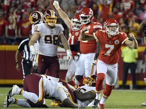 Kansas City Chiefs kicker Harrison Butker (7) celebrates his go-ahead field goal during the second half of an NFL football game against the Washington Redskins in Kansas City, Mo., Monday, Oct. 2, 2017. The Kansas City Chiefs won 29-20. (AP Photo/Ed Zurga)