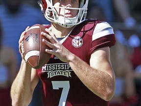 Mississippi State quarterback Nick Fitzgerald (7) prepares to pass during the first half of an NCAA college football game against BYU in Starkville, Miss., Saturday, Oct. 14, 2017. (AP Photo/Jim Lytle)