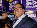Naheed Nenshi celebrates his victory as Calgary's mayor, Alta., early Tuesday, Oct. 17, 2017.