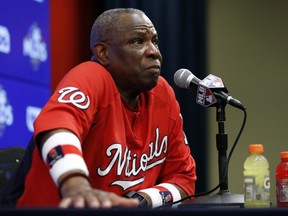 Washington Nationals manager Dusty Baker listens to a question during a media availability before Game 2 of baseball's National League Division Series against the Chicago Cubs, at Nationals Park, Saturday, Oct. 7, 2017, in Washington. (AP Photo/Alex Brandon)