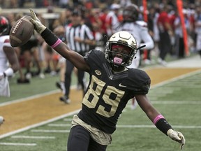 Wake Forest's Greg Dortch (89) celebrates a touchdown against Louisville during the first half of an NCAA college football game in Winston-Salem, N.C., Saturday, Oct. 28, 2017. (AP Photo/Chuck Burton)