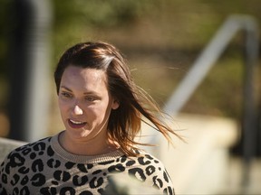 Shannon Allen, wife of Sgt. First Class Mark Allen, leaves the Fort Bragg Courtroom Facility after testifying at the Sgt. Bowe Bergdahl sentencing hearing on Monday, Oct. 30, 2017, on Fort Bragg. Sgt. First Class Mark Allen was critically injured during the search mission for Bergdahl. Bergdahl, who walked off his base in Afghanistan in 2009 and was held by the Taliban for five years, is charged with desertion and misbehavior before the enemy. (Andrew Craft/The Fayetteville Observer via AP)