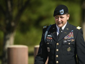 Capt. John Billings leaves the Fort Bragg courthouse after testifying in Army Sgt. Bowe Bergdahl's sentencing hearing on Wednesday, Oct. 25, 2017, on Fort Bragg, N.C. Bergdahl, who walked off his base in Afghanistan in 2009 and was held by the Taliban for five years, pleaded guilty to desertion and misbehavior before the enemy last week and faces a maximum of life in prison. Billings was Bergdahl's platoon leader during the 2009 deployment. (Andrew Craft /The Fayetteville Observer via AP)