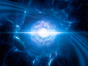 An artist's impression showing two tiny but very dense neutron stars at the point at which they merge and explode.