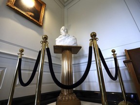 In this Oct. 11, 2017 photo, a marble bust of Napoleon is on display in Madison, N.J. The bust by French sculptor Auguste Rodin long thought to be lost has been found on display in a New Jersey borough hall where it sat for 85 years. (Bob Karp/The Daily Record via AP)