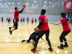 Team Canada dodgeball athletes practise during a scrimmage in Markham, Ont., on Monday, October 16, 2017. The host Canadian sides will be favoured this week at the world dodgeball championships at the Markham Pan Am Centre. THE CANADIAN PRESS/Nathan Denette