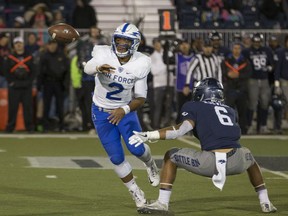 Air Force quarterback Arion Worthman (2) pitches the ball as Nevada's Nephi Sewell closes in during the first half of an NCAA college football game in Reno, Nev., Friday, Oct. 20, 2017. (AP Photo/Tom R. Smedes)