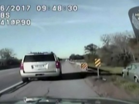 This image provided by the Ohio Highway Patrol shows a high-speed pursuit that began in Cleveland and ended miles away along the Ohio Turnpike on Thursday, Oct. 26, 2017.  Authorities say  A 10-year-old boy led police on a high-speed pursuit that ended when state troopers boxed him in. Police say it's the second time in two weeks the boy has taken cars on joyrides.  (Ohio Highway Patrol via AP)