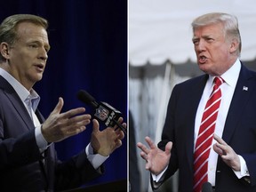 FILE - At left, in a Feb. 1, 2017, file photo, NFL Commissioner Roger Goodell answers questions during a news conference for the Super Bowl 51 football game, in Houston. At right, in an Oct. 7, 2017, file photo, President Donald Trump speaks to reporters at the White House in Washington. President Donald Trump is again criticizing the NFL over players kneeling during the national anthem. Trump said on Twitter Wednesday, Oct. 18, 2017, that the "NFL has decided that it will not force players to stand for the playing of our National Anthem." He adds: "Total disrespect for our great country!" (AP Photo/File)