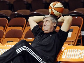 FILE - In this Aug. 29, 2015, file photo, New York Liberty head coach Bill Laimbeer sits on the sideline before a WNBA basketball game against the Connecticut Sun in Uncasville, Conn. Laimbeer found himself at a crossroad. After a discussion with his wife, he decided to head to Las Vegas and lead the relocated WNBA franchise as its president and coach. (AP Photo/Jessica Hill, FIle)
