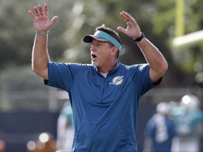 FILE - In this Aug. 16, 2016, file photo, Miami Dolphins offensive line coach Chris Foerster watches as players do drills during practice at NFL football training camp in Davie, Fla. The NFL and the Miami Dolphins say they're aware of a social media video allegedly showing offensive line coach Chris Foerster snorting a white powdery substance. NFL spokesman Brian McCarthy said Monday, Oct. 9, 2017, the league will review the 56-second video, which was posted on Facebook and Twitter. (AP Photo/Lynne Sladky, File)