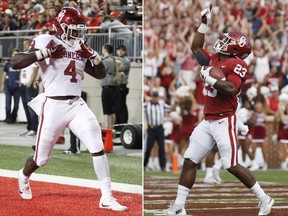 FILE - At left, in a Sept. 10, 2017, file photo, Oklahoma running back Trey Sermon celebrates a touchdown against Ohio State during an NCAA college football game in Columbus, Ohio. At right, in a Sept. 16, 2017, file photo, Oklahoma running back Abdul Adams (23) celebrates after scoring a touchdown against Tulane during the second quarter an NCAA college football game in Norman, Okla. Seven of the league's top-rated rushers were underclassmen as the league reached the midway point of the season, led by Oklahoma State's Justice Hill, Iowa State's David Montgomery and Oklahoma's talented duo of Trey Sermon and Abdul Adams.  (AP Photo/File)
