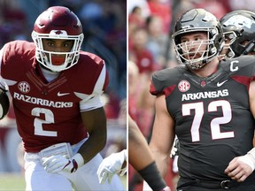 FILE - At left, in a Sept. 30, 2017, file photo, Arkansas running back Chase Hayden runs the ball against New Mexico State during the first half of an NCAA college football game in Fayetteville, Ark. At right, in an Oct. 21, 2017, file photo, Arkansas lineman Frank Ragnow (72) warms up as he prepares to play Auburn during an NCAA college football game in Fayetteville, Ark. Arkansas' difficult season got even harder on Monday, Oct. 23, 2017, when coach Bret Bielema announced All-SEC center Frank Ragnow and freshman running back Chase Hayden are injured. Ragnow will need 12 weeks to recover from a high ankle sprain, and Hayden will miss the rest of the regular season after suffering a lower leg fracture in the 2-5 Razorbacks loss to No. 19 Auburn last week.(AP Photo/Michael Woods, File)