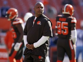 FILe - In this Sunday, Oct. 22, 2017 file photo, Cleveland Browns head coach Hue Jackson watches before an NFL football game between the Tennessee Titans and the Cleveland Browns in Cleveland. Hue Jackson's going back to London, one of many stops on his coaching resume. The food wasn't great, but he won a championship. With Jackson suffering through another painful, winless season in his second year in Cleveland, his future has become uncertain as the Browns travel across the Atlantic to host the Minnesota Vikings at Wickenham Stadium. The Browns play the Minnesota Vikings on Sunday, Oct. 29, 2017. (AP Photo/Ron Schwane, File)