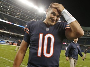 FILE - In this Aug. 31, 2017, file photo, Chicago Bears quarterback Mitchell Trubisky (10) after an NFL preseason football game between the Chicago Bears and the Cleveland Browns in Chicago. Trubisky, the No. 2 overall draft pick from North Carolina, will start against the Minnesota Vikings next Monday night, after Mike Glennon struggled in the first four games, a person familiar with the situation said Monday, Oct 2, 2017. The person spoke on the condition of anonymity because the team has not announced the move. (AP Photo/Charles Rex Arbogast, File)