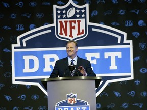FILE - In this April 28, 2016, file photo, NFL Commissioner Roger Goodell opens the NFL football draft in Chicago. The NFL draft is headed for Dallas. The Cowboys will host the 2018 draft in April. Virtually every NFL city, plus the Pro Football Hall of Fame site in Canton, Ohio, has expressed interest in holding the draft now that the league moves it around. (AP Photo/Matt Marton, File)