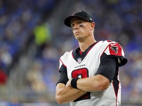 FILE - In this Sept. 24, 2017, file photo, Atlanta Falcons quarterback Matt Ryan watches from the sideline during an NFL football game against the Detroit Lions in Detroit. The Falcons quarterback and reigning MVP usually plays well coming off a bye week, and he's got some extra incentive heading into Sunday's contest against the Miami Dolphins. (AP Photo/Paul Sancya, File)