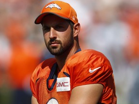 FILE - In this July 31, 2017, file photo, Denver Broncos kicker Brandon McManus (8) during drills at an NFL football training camp in Englewood, Colo.  Broncos coach Vance Joseph says he hasn't lost faith in kicker Brandon McManus. The fourth-year pro has missed a field goal in each of Denver's three home games so far. Twice, those misses loomed large late in the fourth quarter before the Broncos pulled out wins. (AP Photo/David Zalubowski, File)