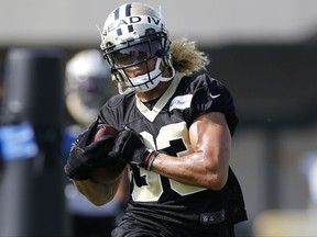 FILE - In this July 28, 2017, file photo, New Orleans Saints wide receiver Willie Snead (83) catches the ball during NFL football training camp in Metairie, La. Snead was suspended New Orleans' first three games because of a drunk driving arrest, then was activated for Week 4, only to be held out with a nagging hamstring injury. He expects to play this Sunday against Detroit Lions after getting extra rest during New Orleans' bye week. (AP Photo/Jonathan Bachman, File)
