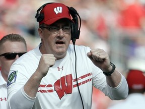 FILE - In this Sept. 30, 2017, file photo, Wisconsin head coach Paul Chryst reacts after a touchdown during the first half of an NCAA college football game against Northwestern in Madison, Wis. The Badgers are already in control of the Big Ten West as the only unbeaten team left in the division. (AP Photo/Morry Gash, File)