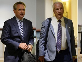 FILE - From left, in Aug. 16, 2017, file photos, University of North Carolina Chancellor Carol Folt, Southeastern Conference Commissioner Greg Sankey, University of North Carolina athletic director Bubba Cunningham, University of North Carolina basketball coach Roy Williams, University of North Carolina football coach Larry Fedora and University of North Carolina women's basketball coach Sylvia Hatchell arrive at an NCAA hearing in Nashville, Tenn. Three people with knowledge of the investigation told The Associated Press on Thursday, Oct. 12, 2017, that the NCAA infractions panel handling North Carolina's multi-year academic case plans to release its report Friday. (AP Photo/Mark Zaleski, File)